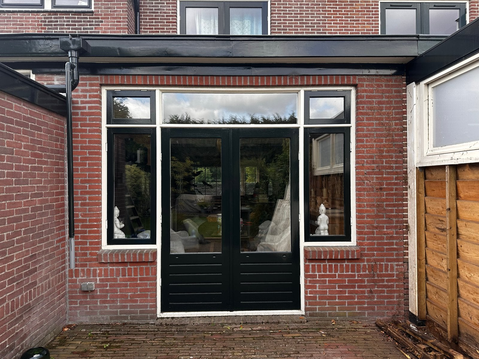 Dubbele tuindeuren met zijlichten en bovenlichten, Ophalen, Gevelraam of Ruit, Gebruikt, 160 cm of meer