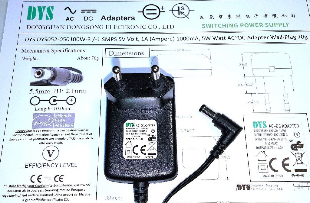 DYS 5V 1A AC DC Adapter Oplader 2.1x5.5 DYS052-050100W-3 5W, Audio, Tv en Foto, Opladers, Ophalen of Verzenden, Nieuw