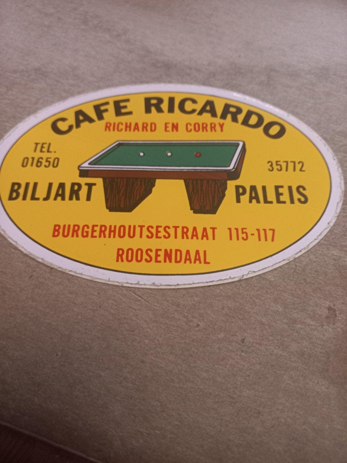 Vintage Cafe Ricardo Biljart Paleis Sticker Roosendaal, Ophalen of Verzenden, Gebruikt, Overige typen