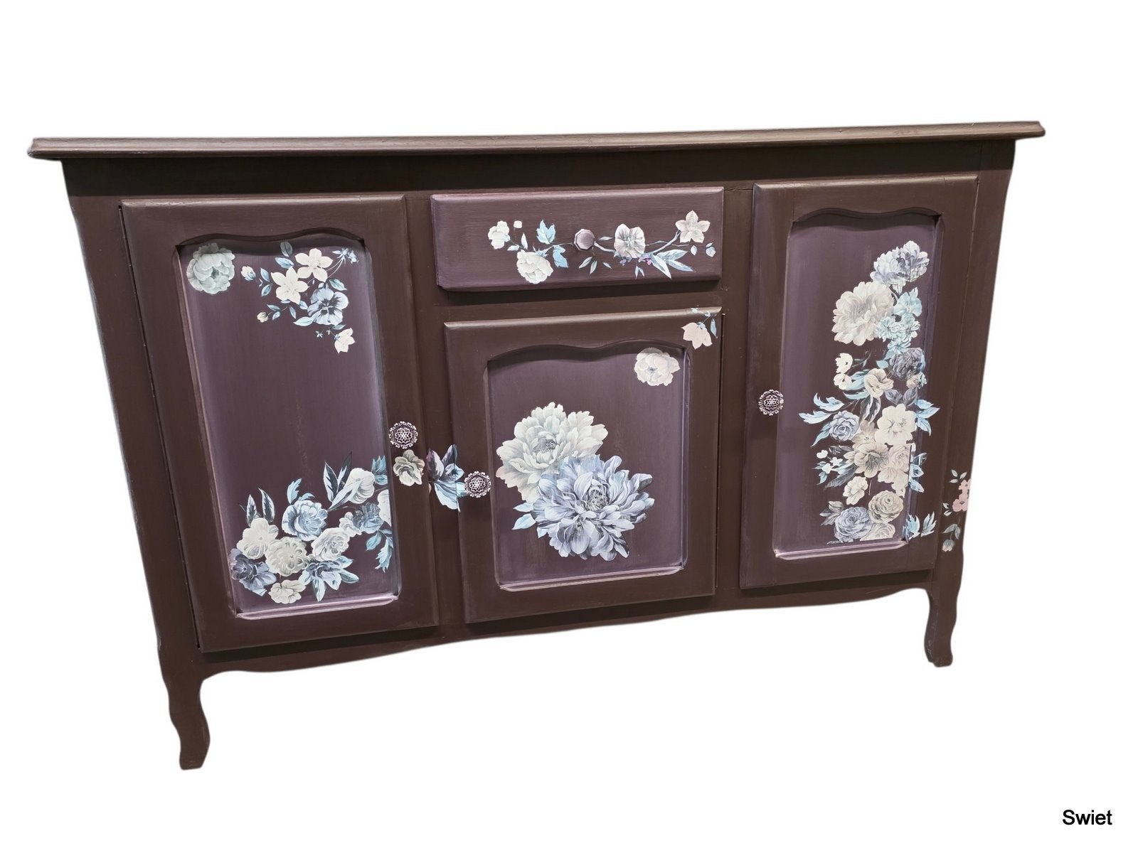 Vintage commode/dressoir paars/aubergine gepimpt met bloemen, Ophalen