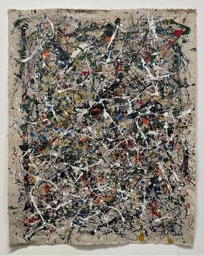 Olieverf op doek, drip painting, signed Pollock, Abstract, Gemengde techniek, Textiel, Gesigneerd
