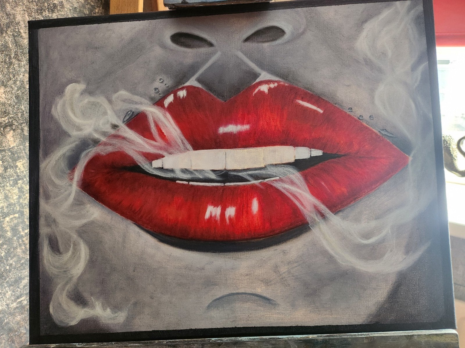 Olieverf Schilderij: Rode Lippen met Rook, Ophalen of Verzenden, Olieverf, Op houten frame, Portret