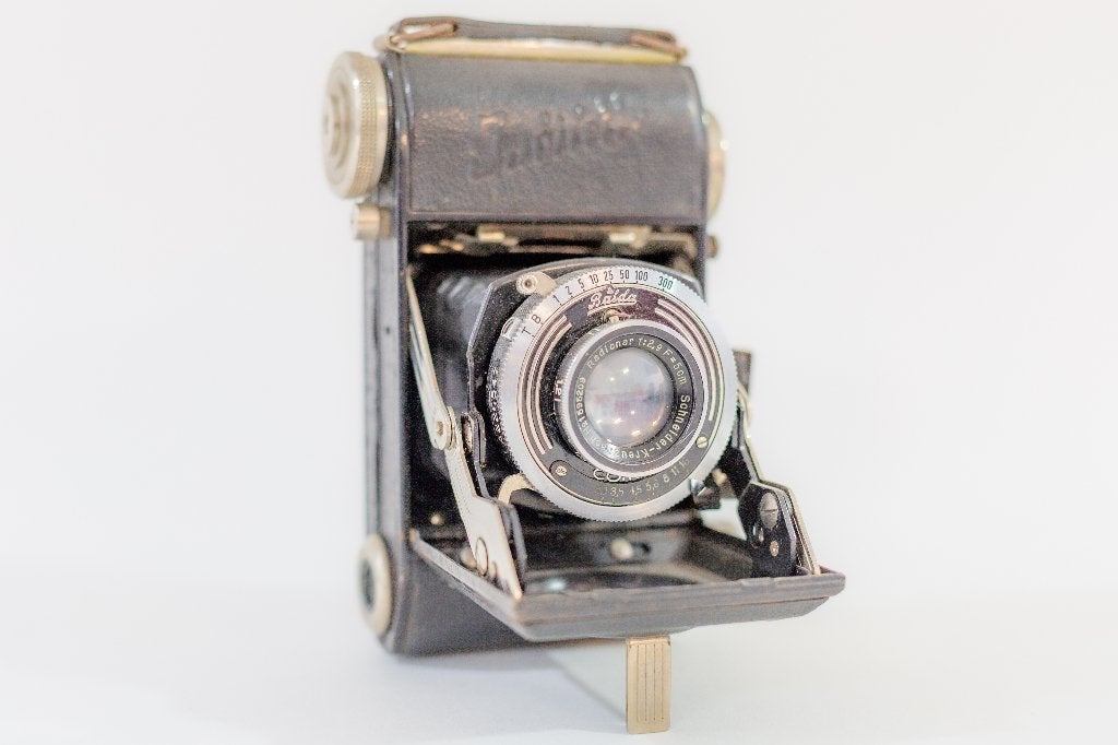 Balda Jubilette antieke analoge fotocamera uit 1938, met tas, Ophalen of Verzenden, Gebruikt, Compact, Overige Merken