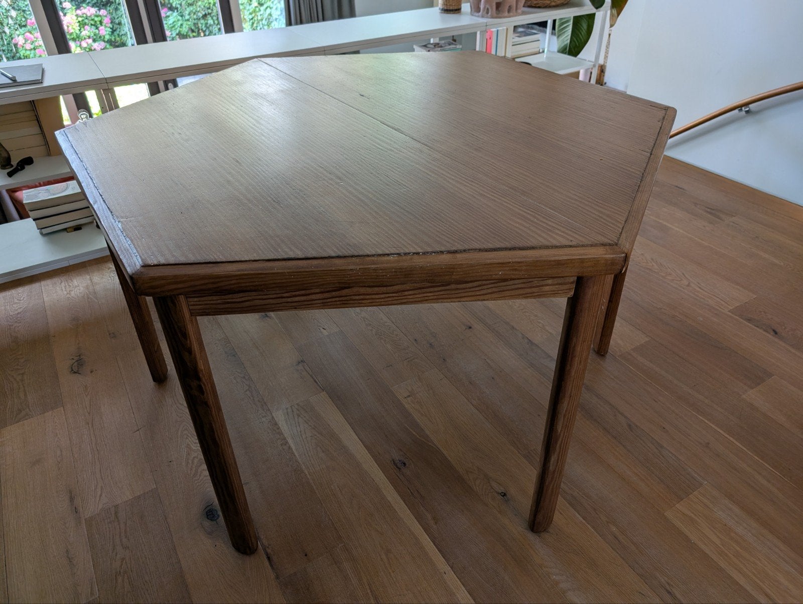 Uitschuifbare houten eettafel 120-180cm - zeshoekig, Ophalen, Gebruikt, 50 tot 100 cm, Vijf personen of meer