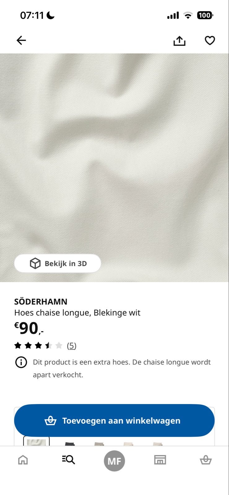 SÖDERHAMN hoes chaise longue, Blekinge wit, Eenpersoons, Nieuw, Ophalen of Verzenden, Minder dan 150 cm
