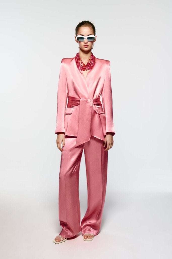 Dames zijden pak blazer en pantalon roze NIEUW set maat XS S, Kostuum of Pak, Zara, Nieuw, Ophalen of Verzenden