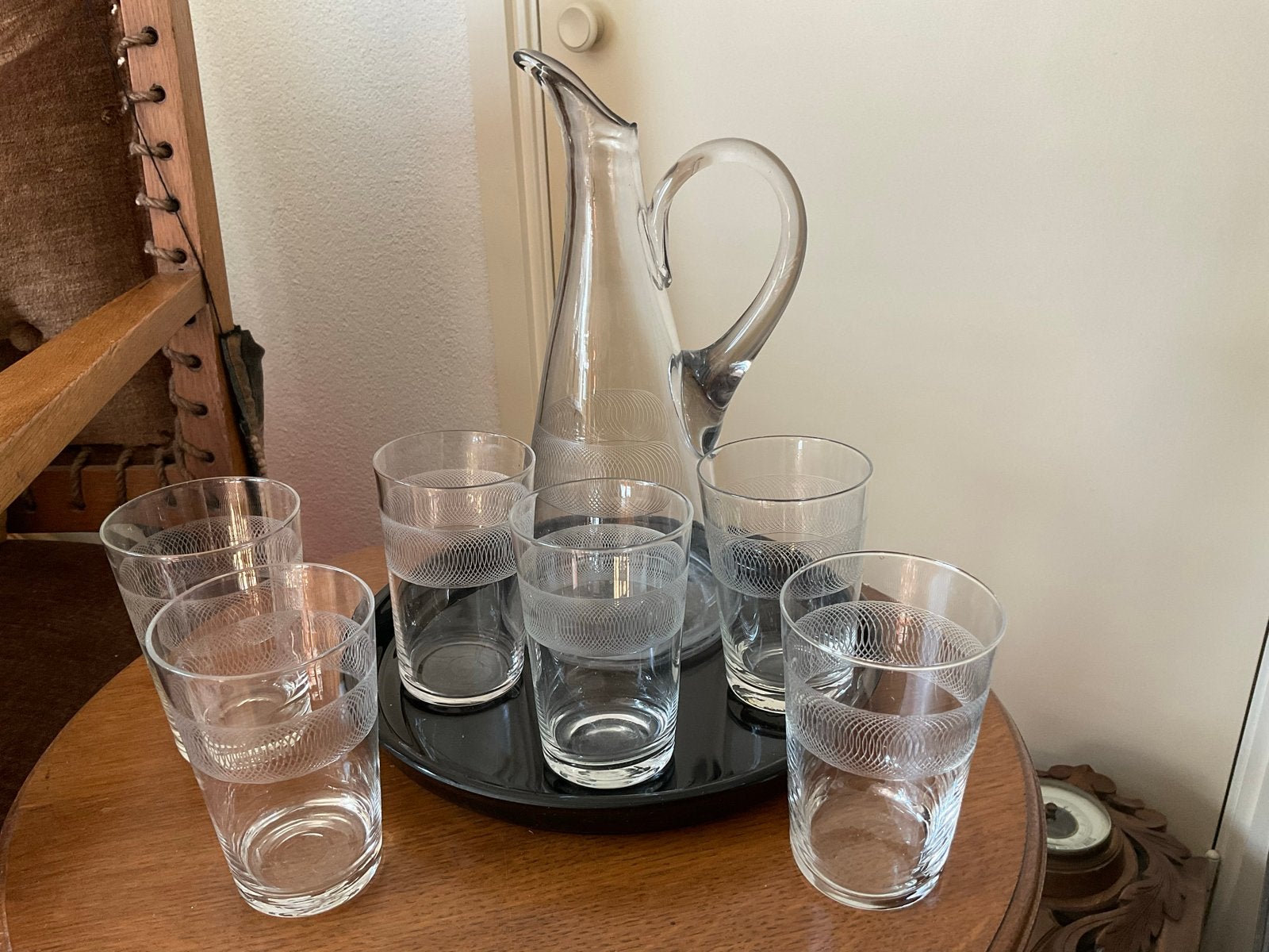 Waterstel cirkelvormig decor Leerdam met karaf en onderschot, Ophalen of Verzenden