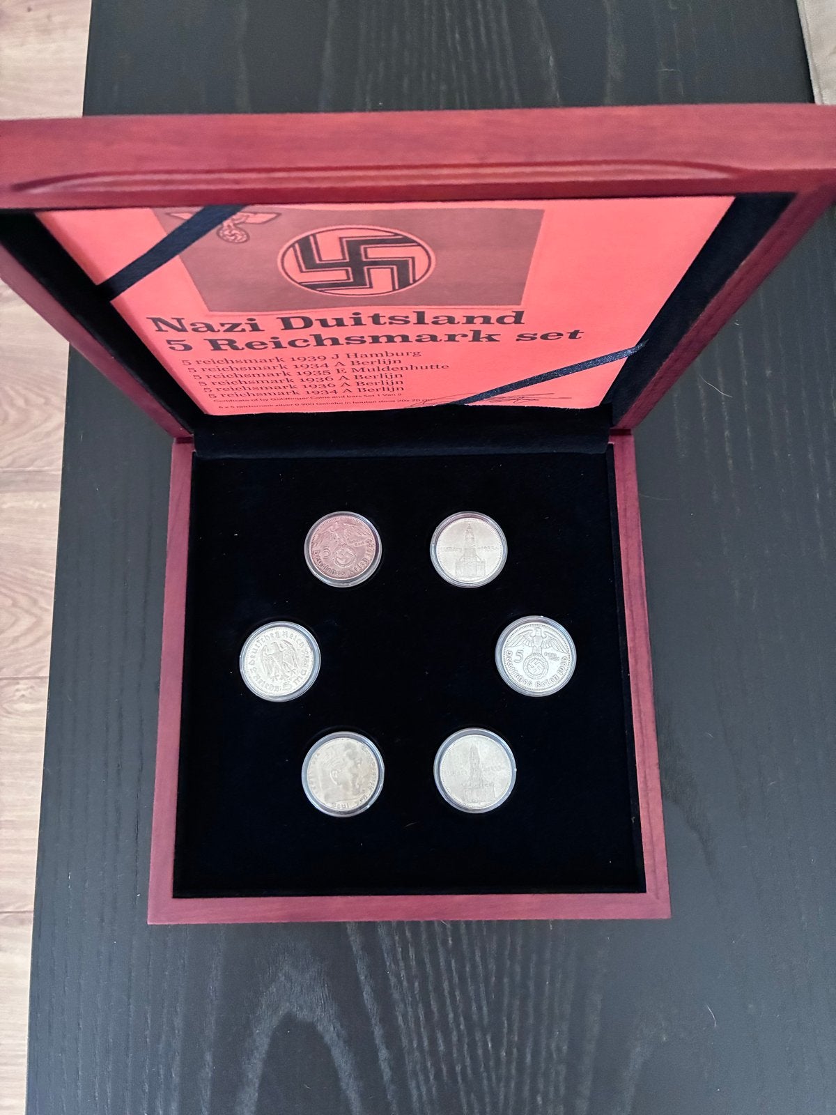 Nazi Duitsland 5 Reichsmark munten set in houten doos, Ophalen of Verzenden, Duitsland, Overige typen