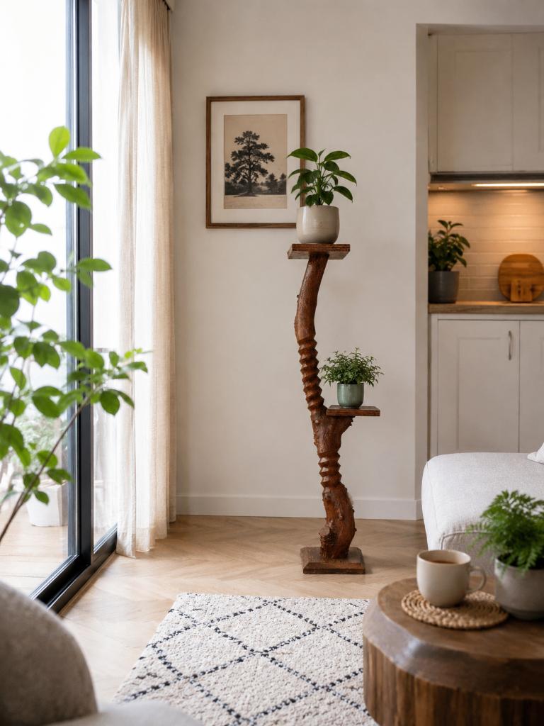 Uniek vintage handbewerkt houten plantentafeltje, boomstam, Huis en Inrichting, Ophalen of Verzenden, Gebruikt