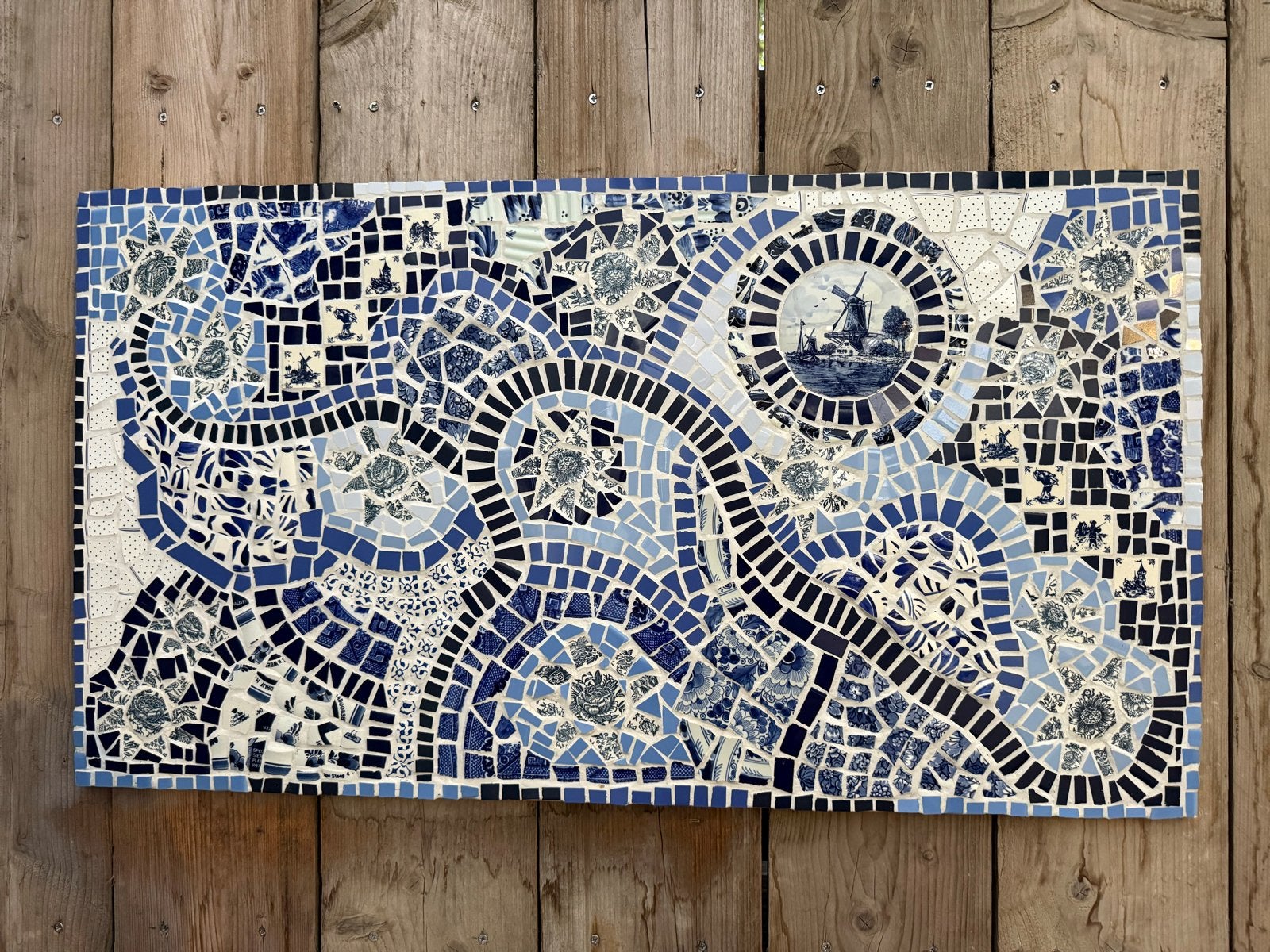 Handgemaakt Delftsblauw Mozaïek Kunstwerk - 60x95cm, Ophalen, Decoratieobject, Zo goed als nieuw, Blauw