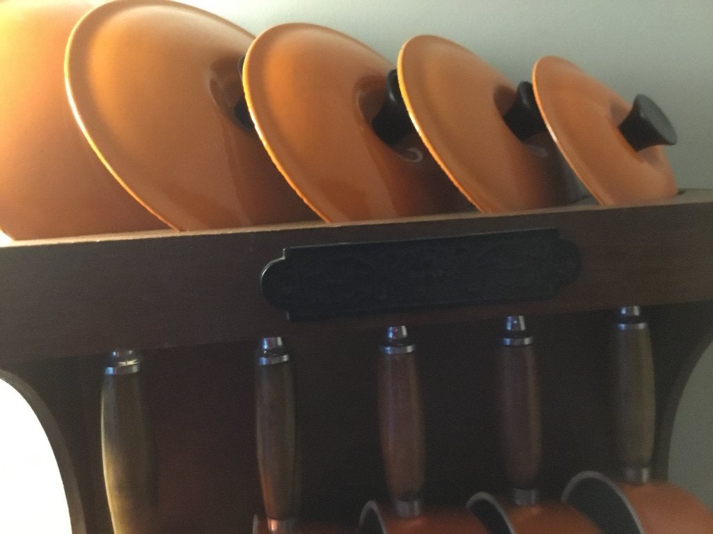 Le creuset pannetjes in houder, Gebruikt, Gietijzer, Met deksel, Ophalen of Verzenden