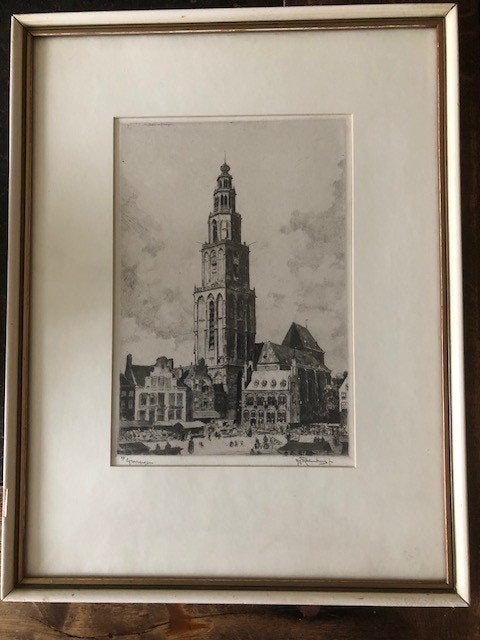 Ets van de Martinitoren in Groningen, 26 cm, Ingelijst, Ets, Stadsgezicht