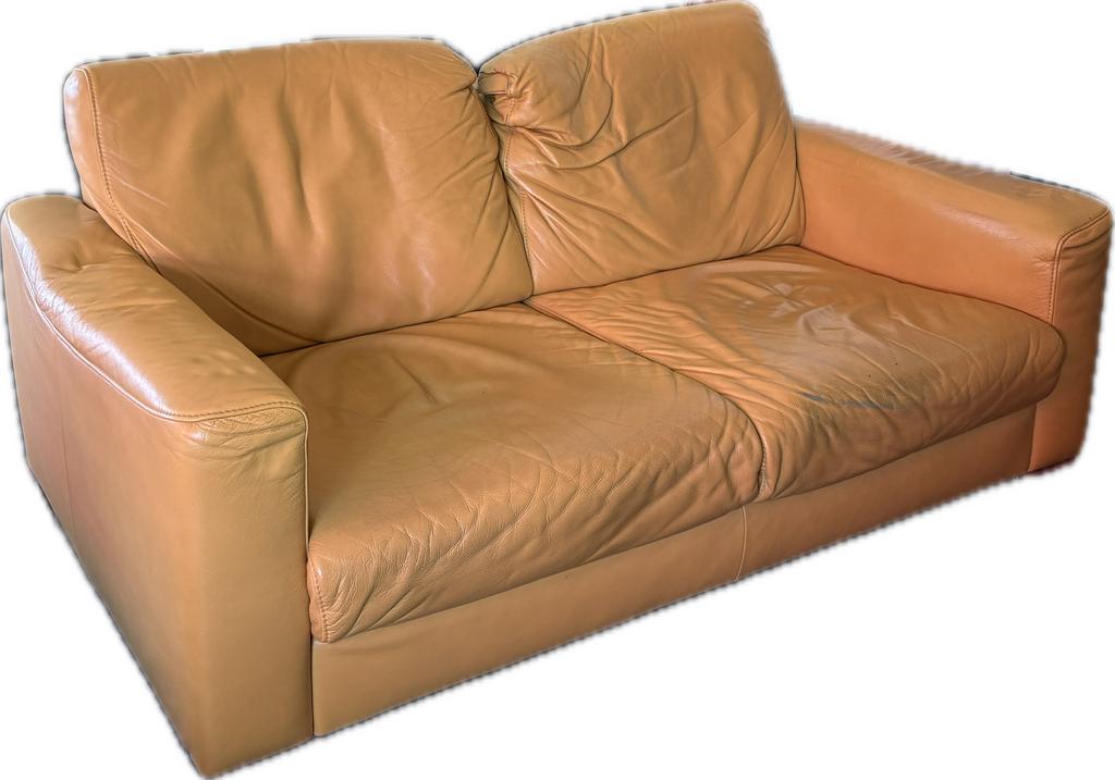Gele leren bank, Ophalen, Gebruikt, 150 tot 200 cm, Tweepersoons