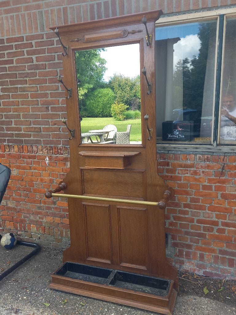 Antieke houten kapstok met spiegel en paraplubak, Ophalen, Gebruikt, 200 cm of meer, Staande kapstok