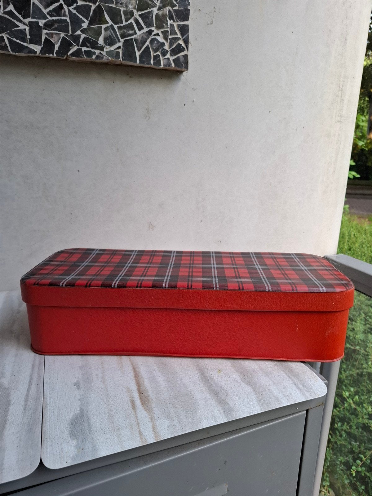 Vintage JOMI opbergdoos. Rood geruit patroon, Ophalen of Verzenden, Gebruikt