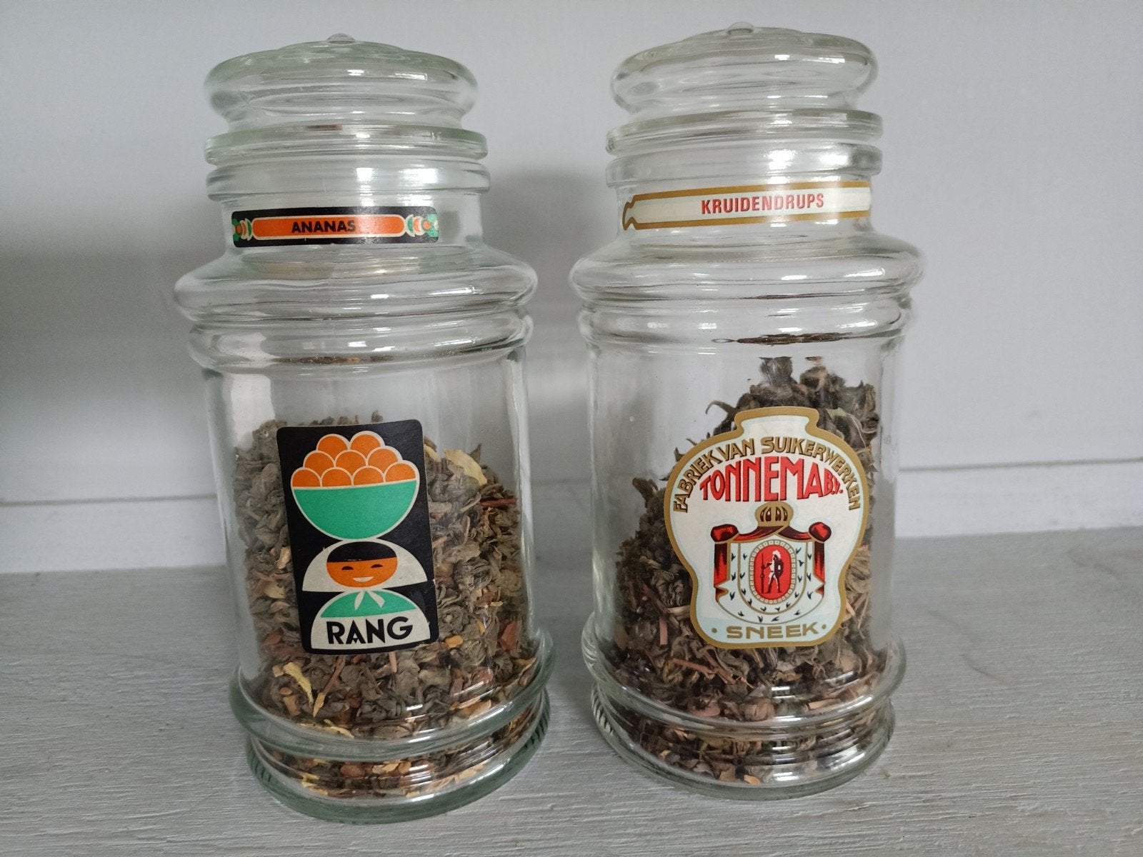 Oude Rang snoeppot en Tonnema glazen pot., Ophalen, Zo goed als nieuw, Glas of Glazen, Overige merken