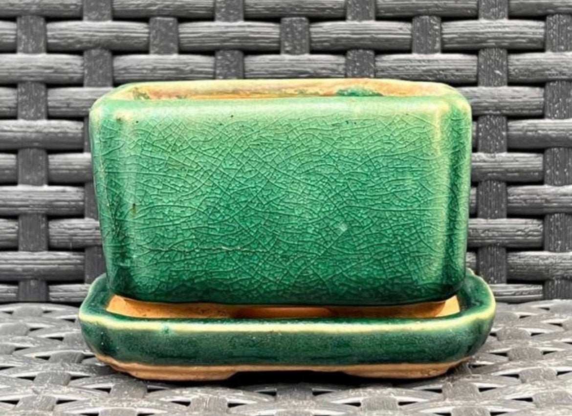 Bonsai pot + onderzetter groen geglazuurd 8,4x6,8x5,1, Tuin en Terras, Bloempotten, Ophalen, Zo goed als nieuw, Aardewerk, Rechthoekig