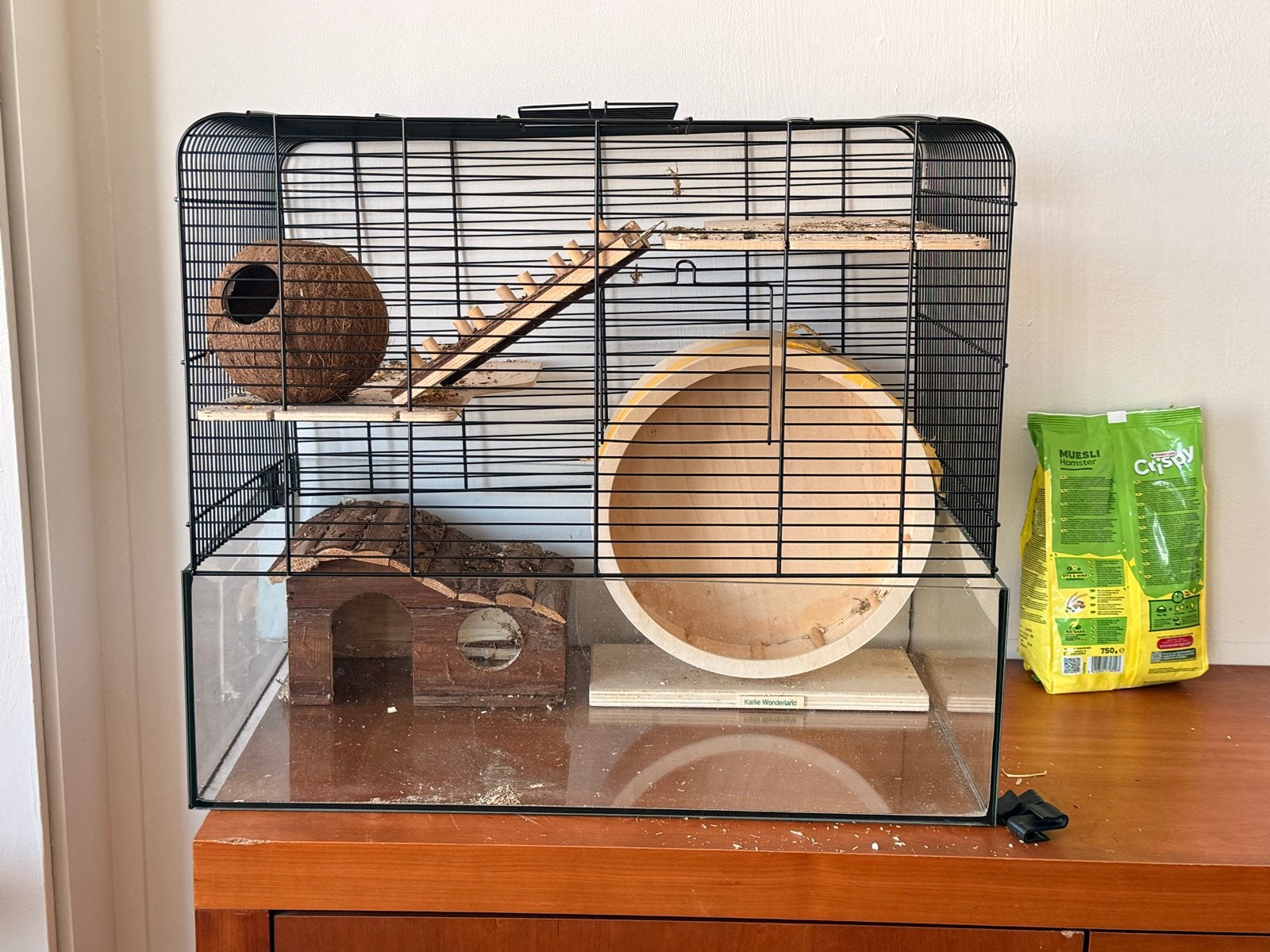 Hamsterkooi glas met diverse accesoires, Dieren en Toebehoren, Kooi, Minder dan 75 cm, Zo goed als nieuw, Hamster