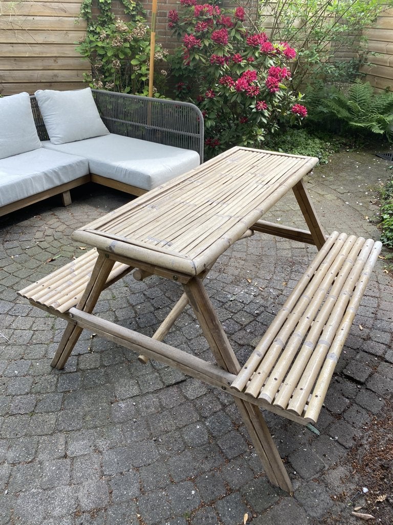 Bamboe picknicktafel, Tuin en Terras, Picknicktafels, Ophalen, Gebruikt, Rechthoekig, Hout
