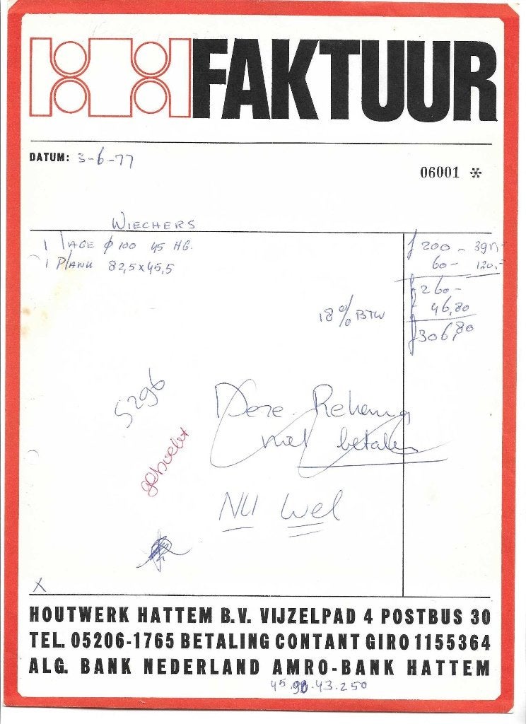 hattem  1977  houtwerk vijzelpad  rode factuur  herinnering, Verzenden, Gebruikt