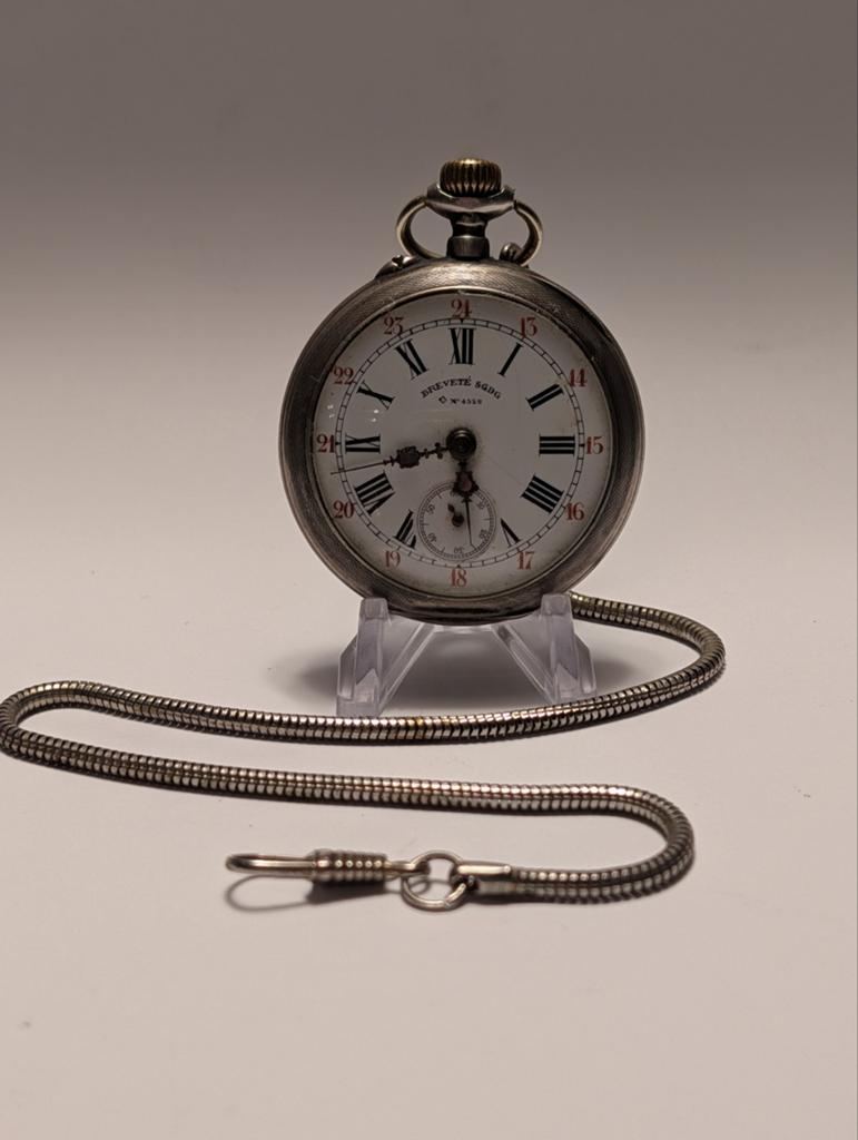 Antiek zilver Zakhorloge BREVETÉ SGDG met Ketting, Overige merken, Zakhorloge, Ophalen of Verzenden, Met ketting