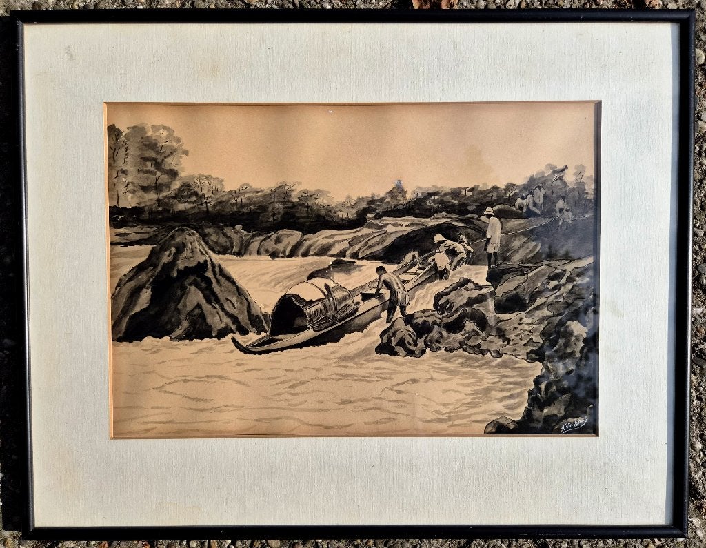 Antiek inkt op papier tekening, Afrika / Congo expeditie?, Achter glas, Impressionistisch, Ophalen of Verzenden, Landschap