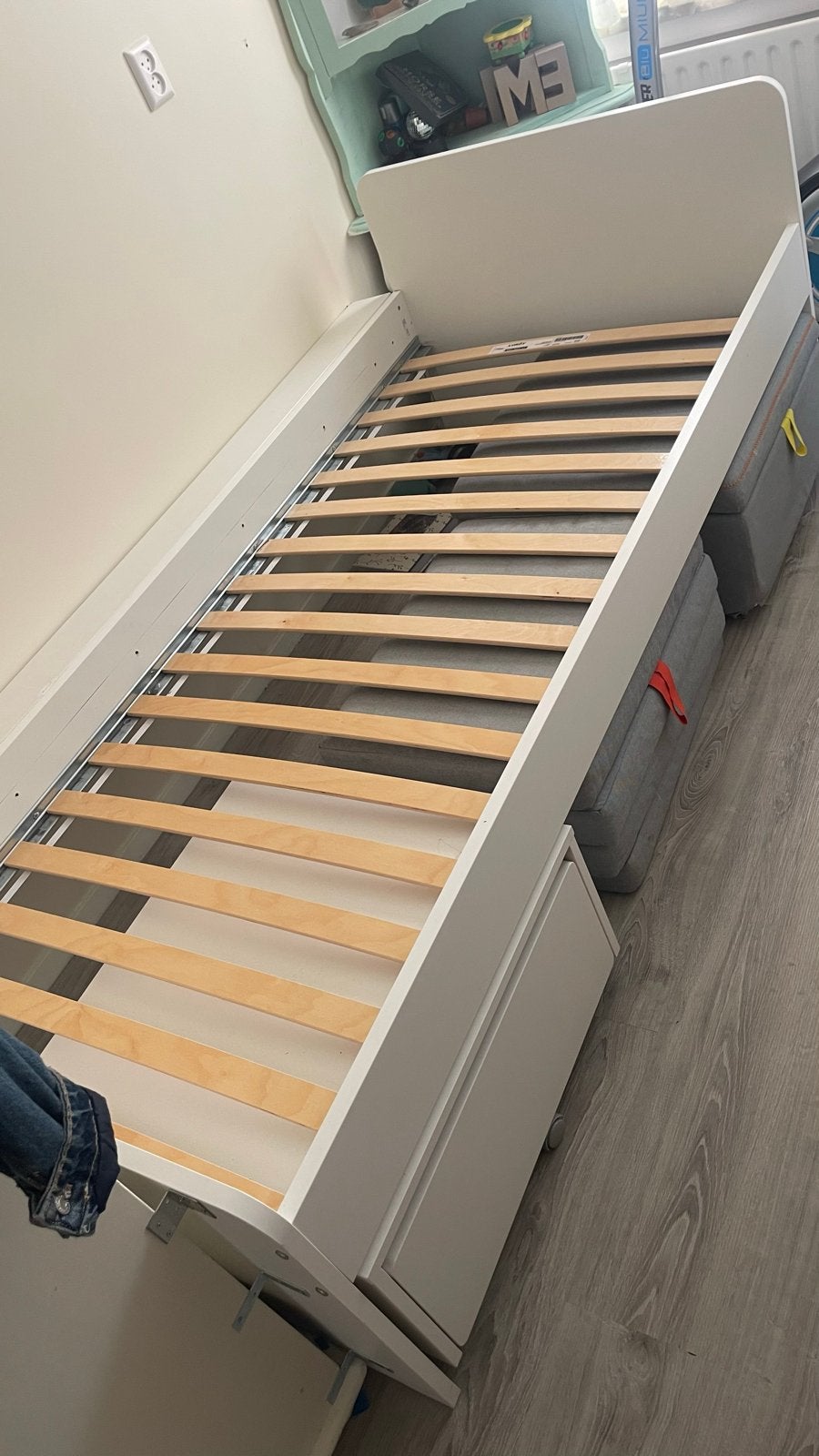 IKEA SLÄKT Bedframe met lades, poef en speelmatras, Ophalen, Gebruikt, 90 cm, Eenpersoons
