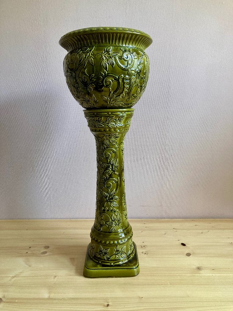 Vintage Groene Keramische Plantenstandaard met Sierpot, Ophalen of Verzenden