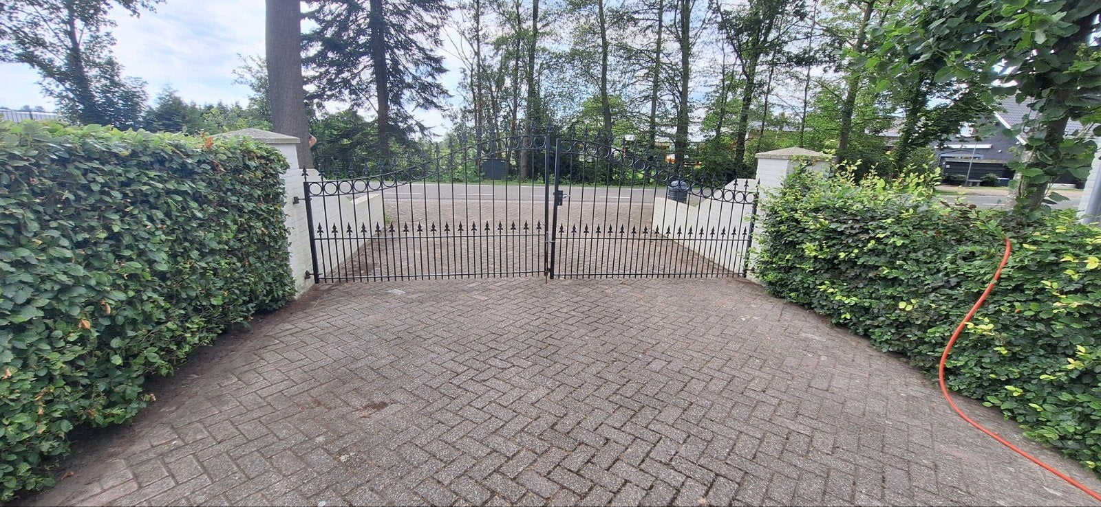 Zwarte poort 5.05 meter breed, Tuin en Terras, Ophalen, Gebruikt, 150 tot 200 cm, IJzer
