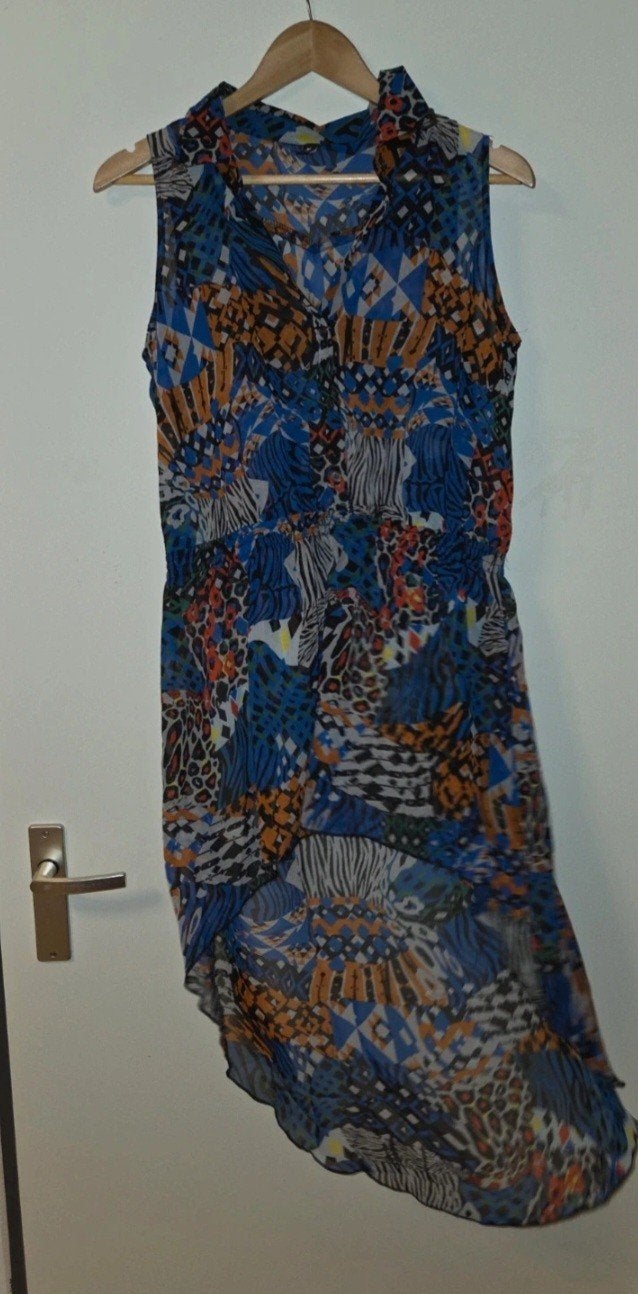 Eksept zomerjurk maat L - Blauw/Oranje print, Kleding | Dames, Jurken, Meerkleurig, Maat 42/44 (L), Ophalen of Verzenden, Knielengte