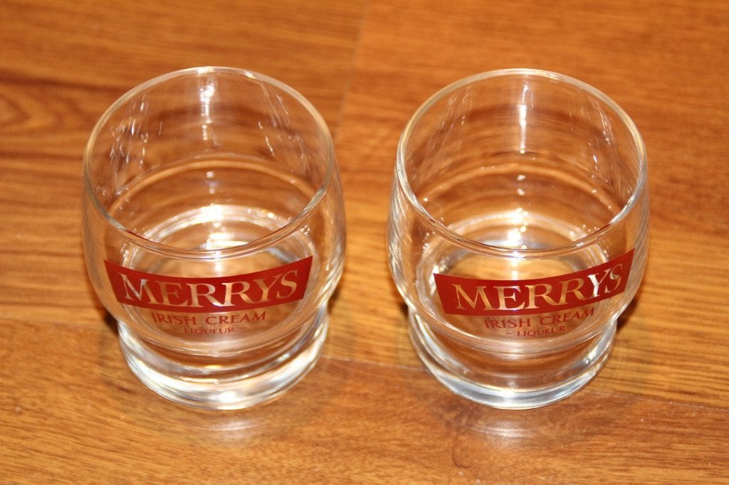 merrys irish cream glaasjes 2stuks, Glas of Glazen, Gebruikt, Ophalen of Verzenden, Glas