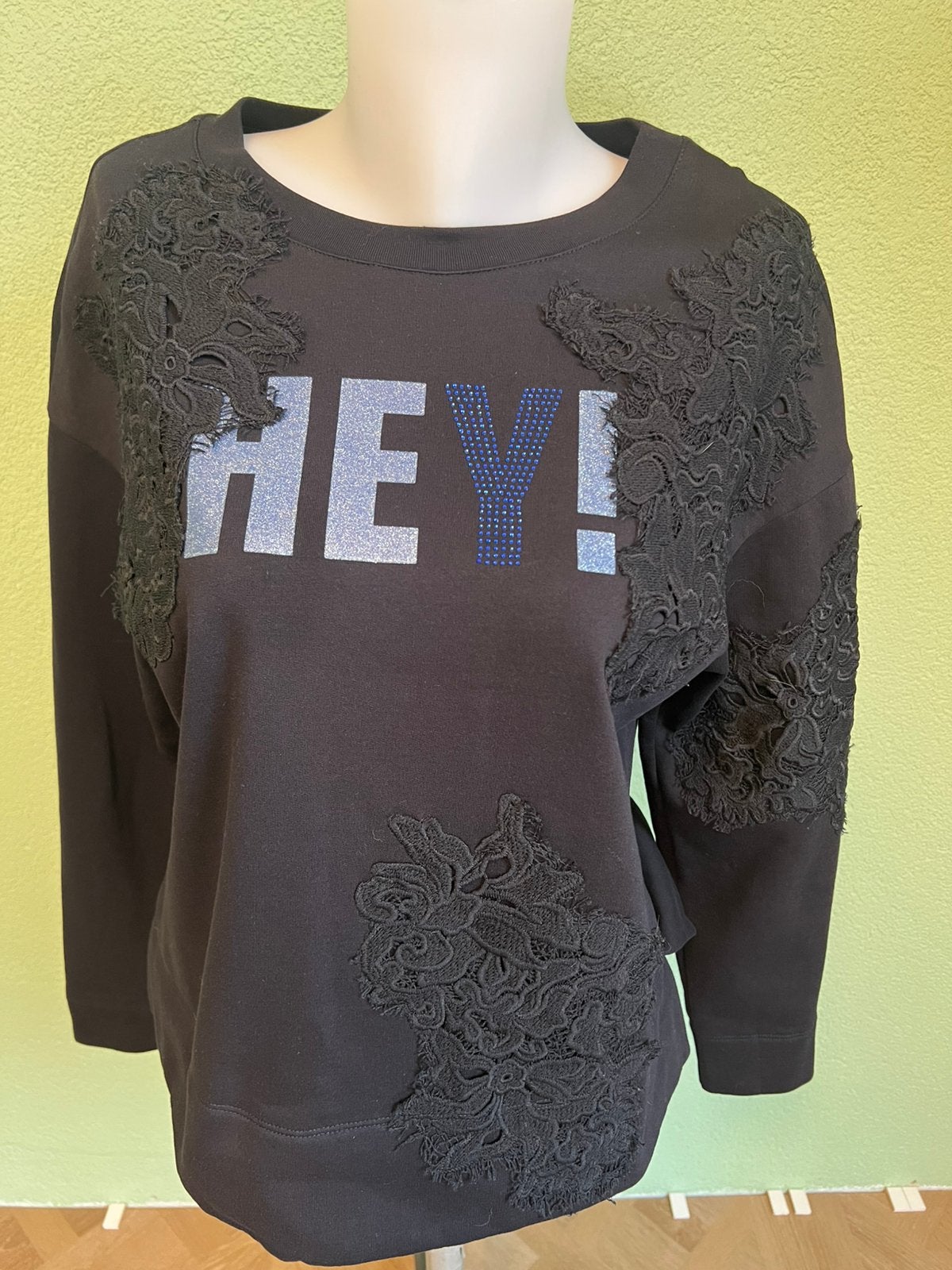 Marccain sweater donkerblauw met kant N4, Verzenden, Zo goed als nieuw, Maat 38/40 (M), Blauw