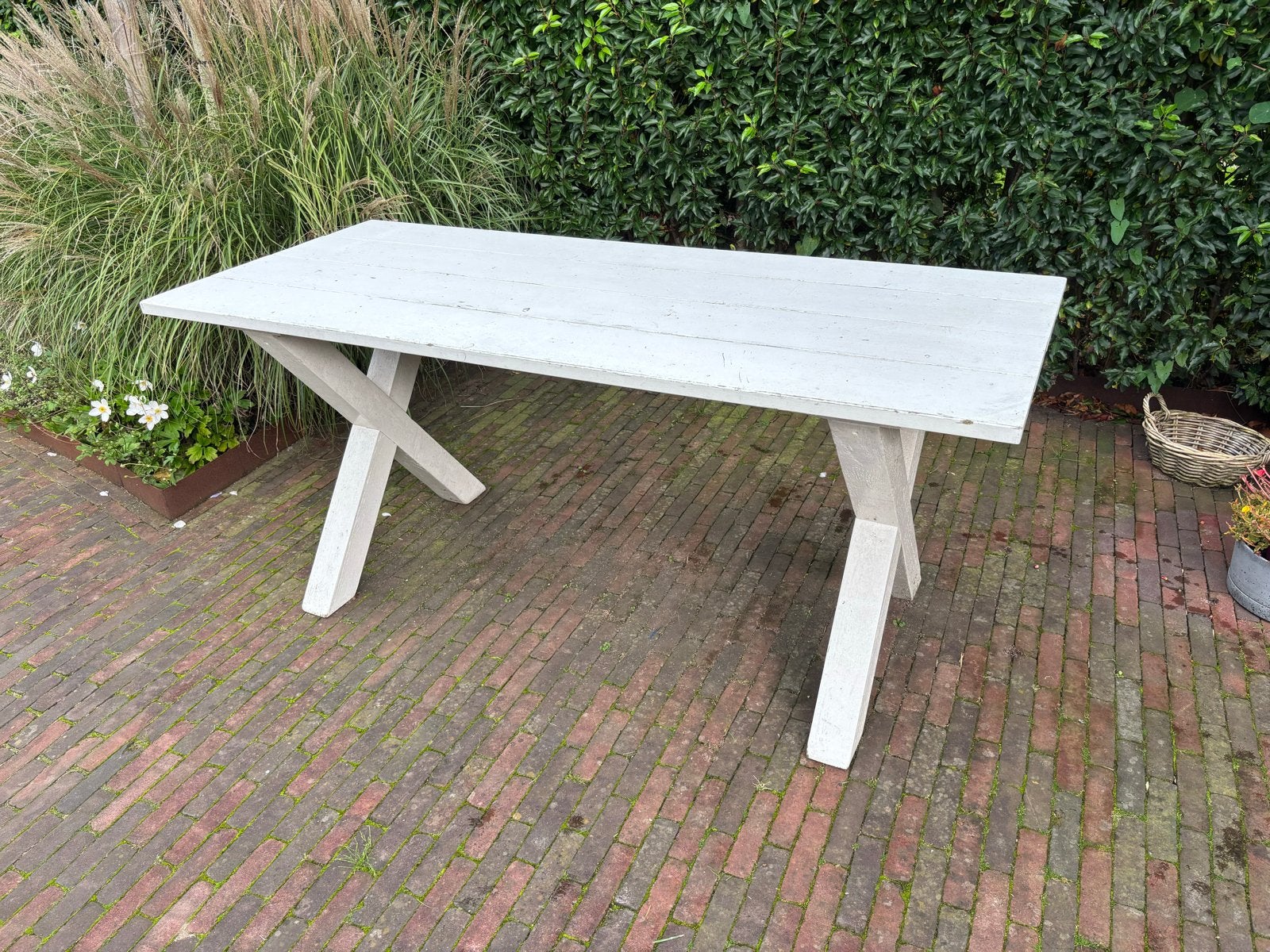 Houten witte tuin of veranda Tafel - 180x78cm, Tuin en Terras, Ophalen, Gebruikt, Rechthoekig, Hout