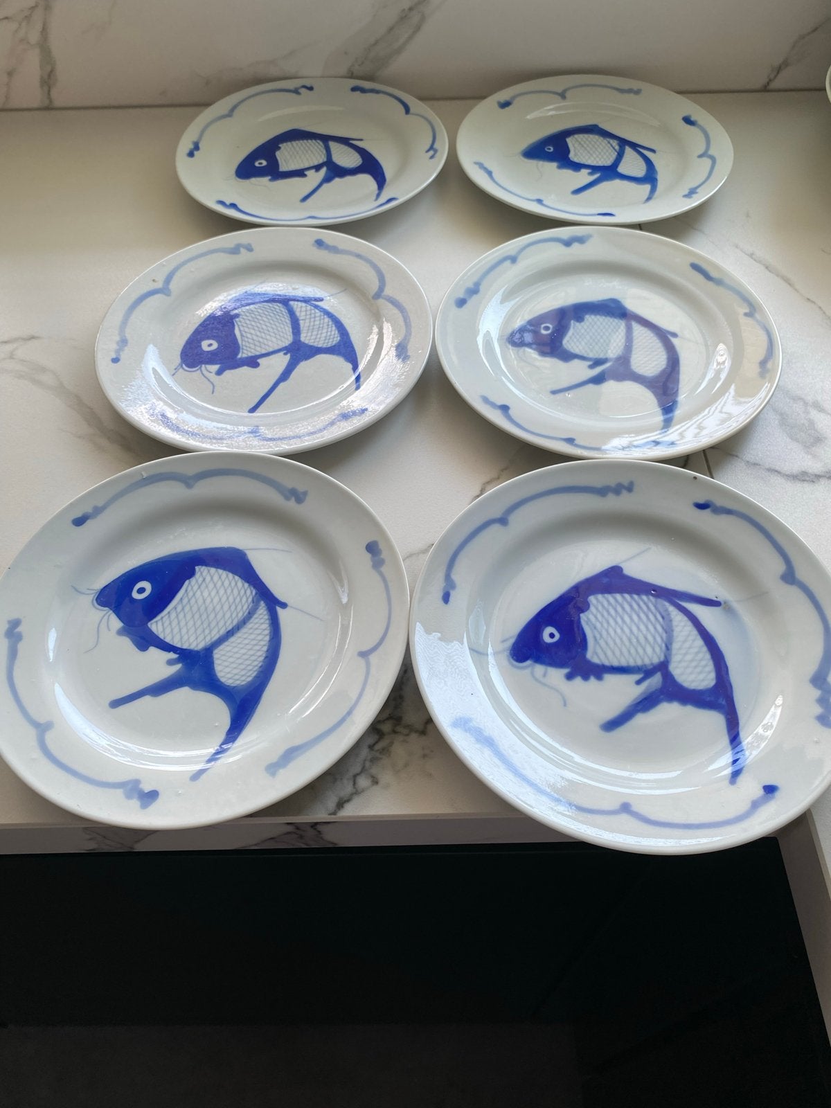 6 vintage Chinese Raoping borden met blauwe vis €18 per stuk, Ophalen of Verzenden