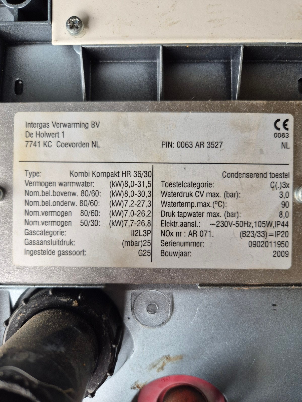 Intergas Kompakt HR 36/30 CV-ketel (bouwjaar 2009), Ophalen, 30 tot 80 cm, Gebruikt, Hoog rendement (Hr)