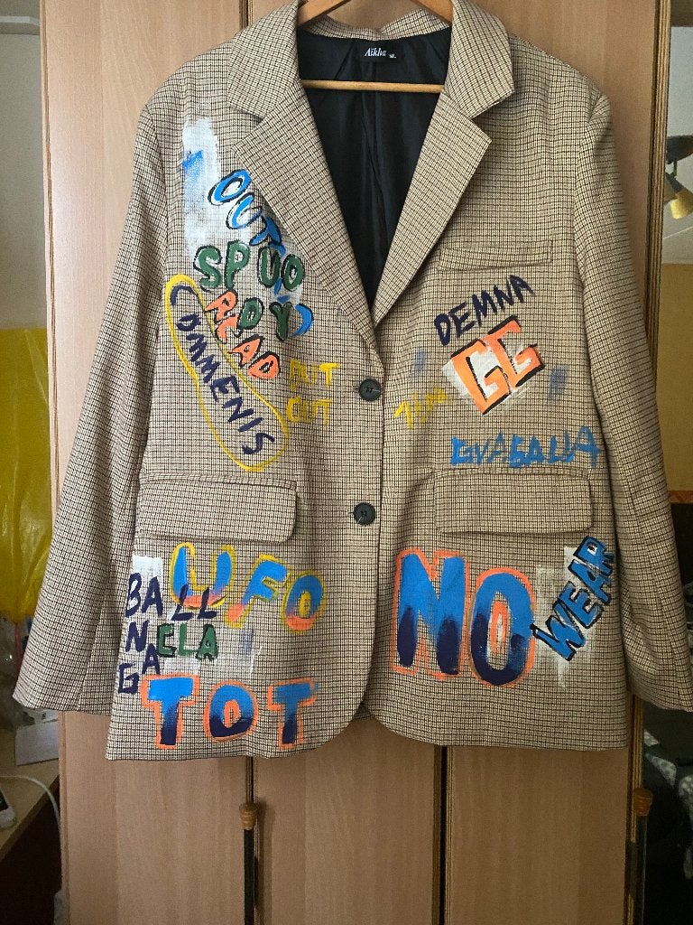Graffiti print blazer Aïkha, Bruin, Maat 42/44 (L), Ophalen of Verzenden, Zo goed als nieuw