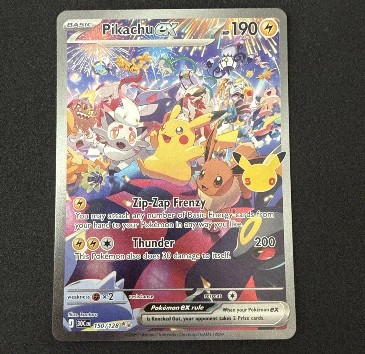 Pokémon Pikachu ex J 30C 150/128 kaart, Ophalen, Zo goed als nieuw, Losse kaart