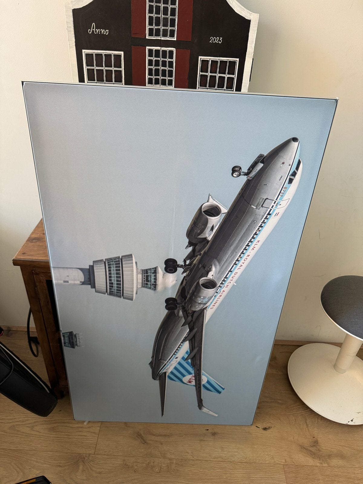 KLM 737 poster op canvas aluminium frame retro, Ophalen of Verzenden, Gebruikt, Kaart, Foto of Prent