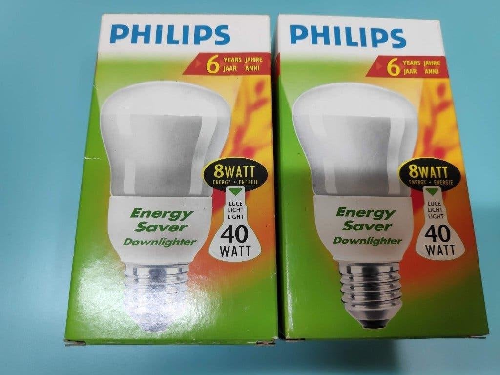 2x Philips Energy Saver Downlighter E27 8W (40W equivalent), 30 tot 60 watt, Nieuw, Spaarlamp, E27 (groot)