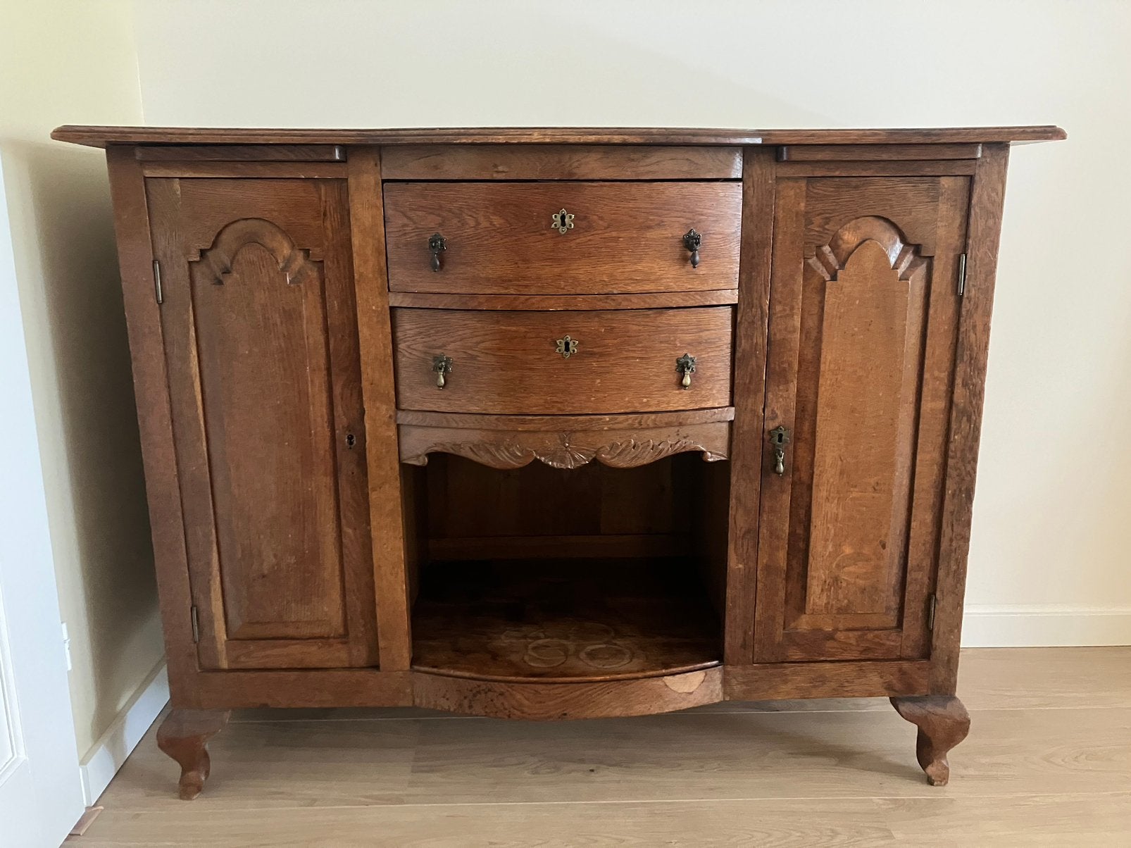 Dressoir/commode massief Eiken, Ophalen, Gebruikt, 100 tot 150 cm, Met lade(s)
