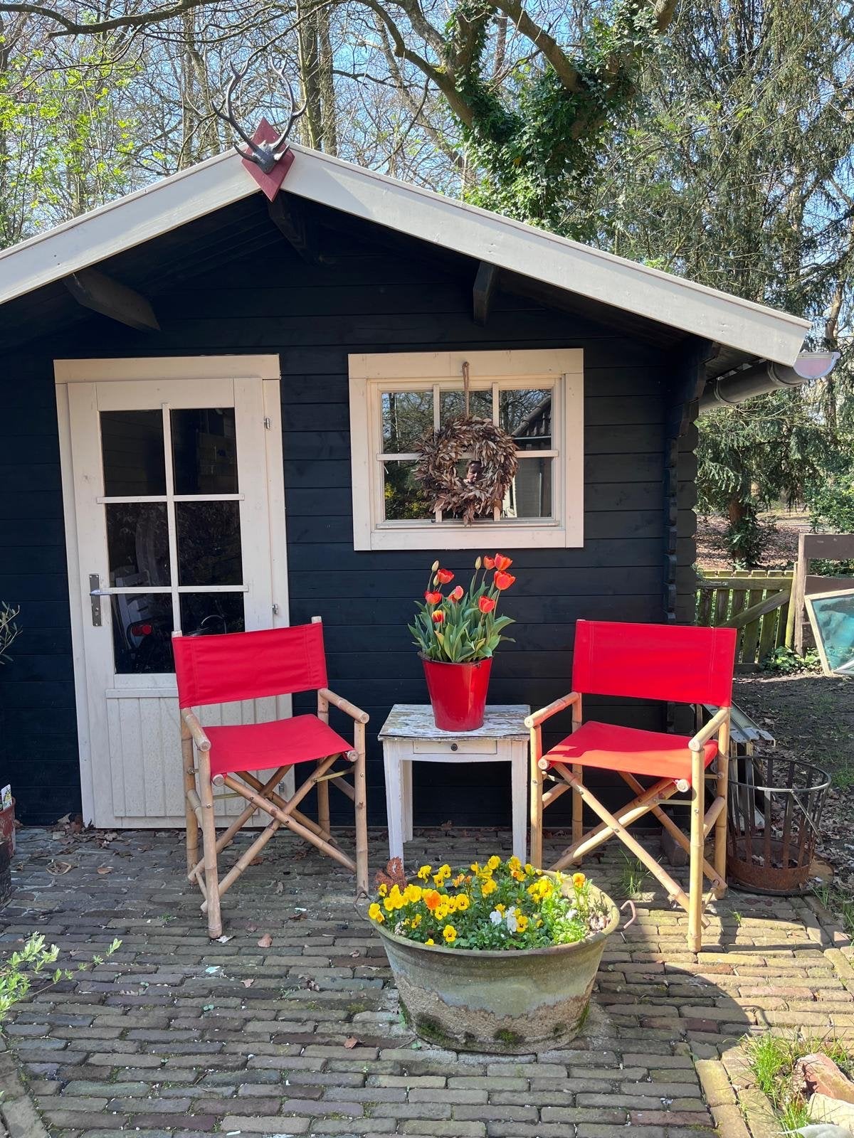 Bamboe regisseursstoelen met rode stof (set van 2), Ophalen, Gebruikt, Hout, Inklapbaar