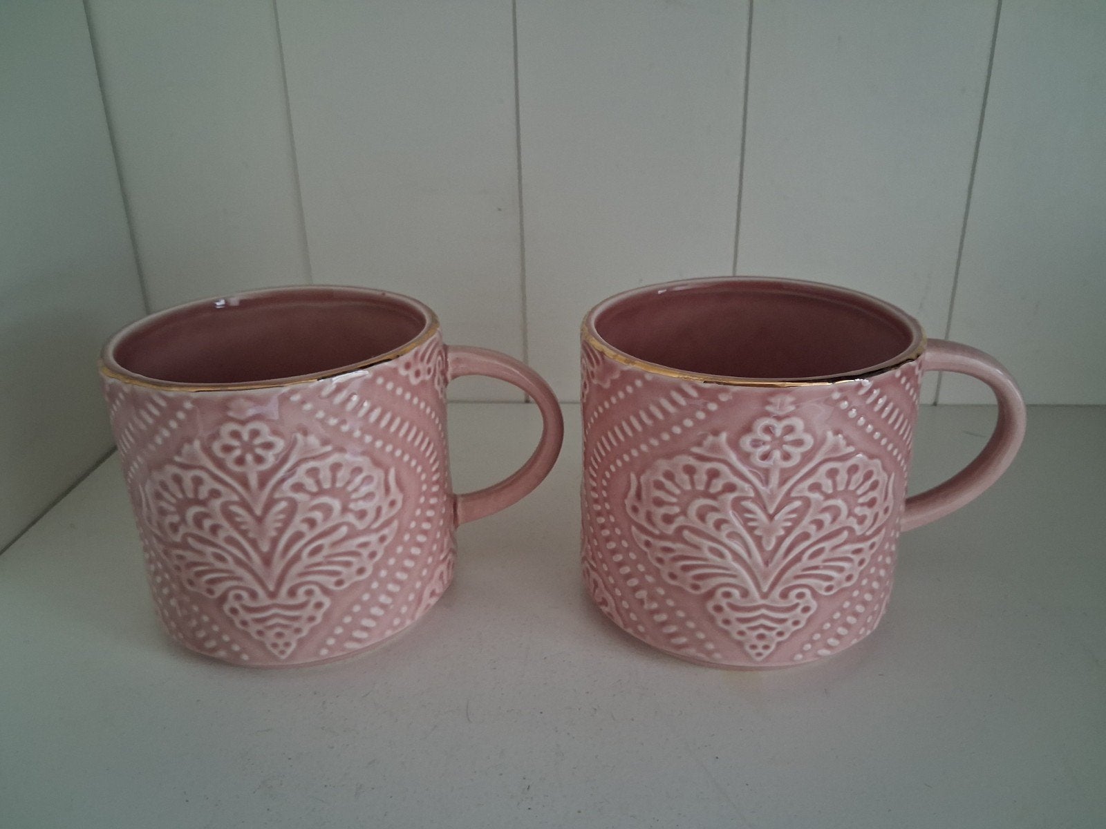 Set van 2 roze mokken met gouden rand - 500ml, Keramiek, Nieuw, Modern, Mok