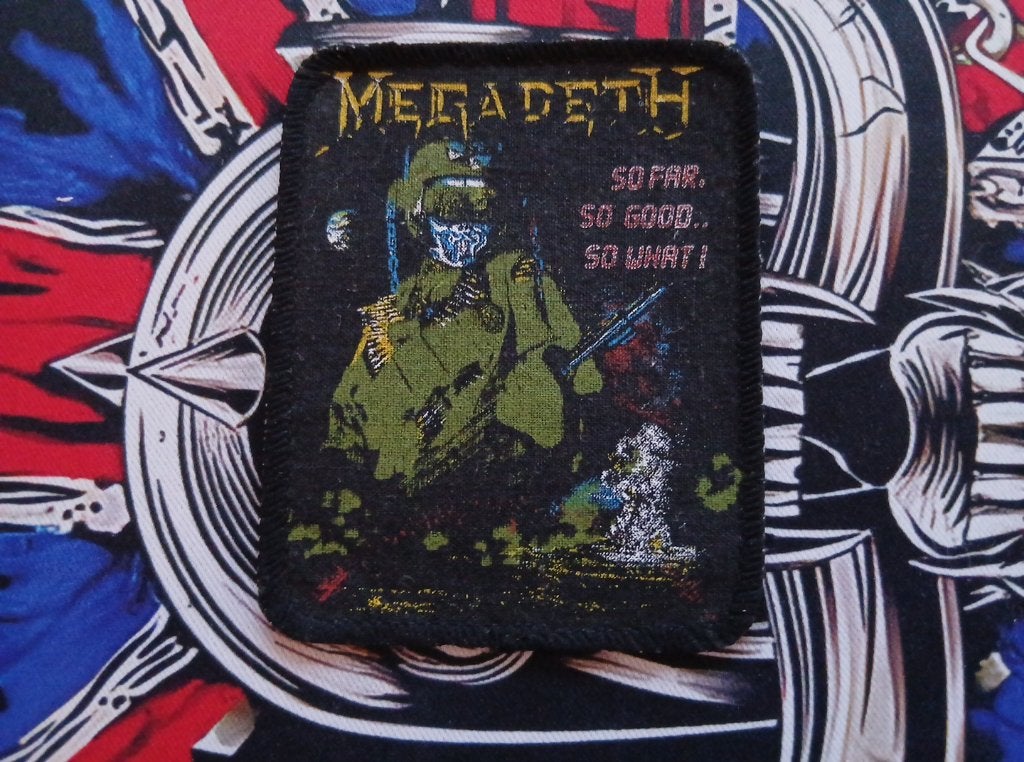 Megadeth vrij mooie vintage 1988 patch 12 so far so good, Ophalen of Verzenden, Nieuw, Kleding