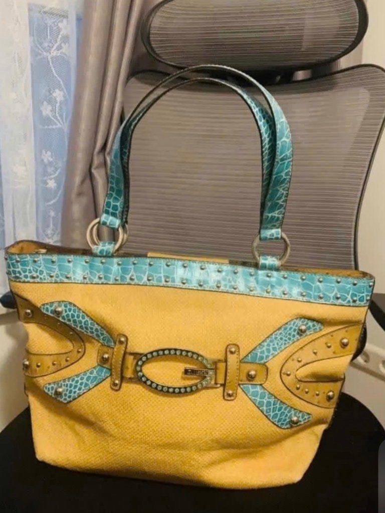 Vintage Guess Y2K Tote - Turquoise Croc & Straw - MINT, Sieraden, Tassen en Uiterlijk, Tassen | Damestassen, Ophalen, Zo goed als nieuw