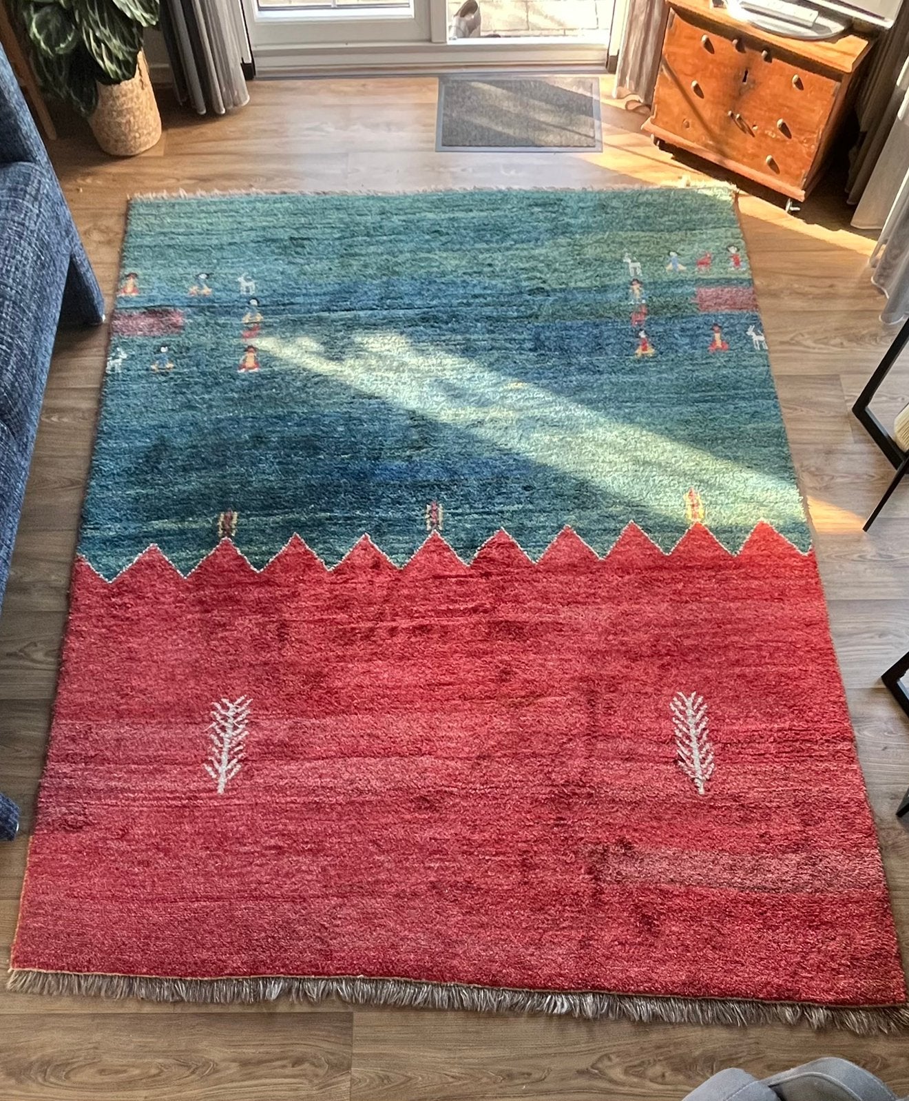 Handgeknoopt Gabbeh tapijt - Uniek design - 248x205 cm, Ophalen, Gebruikt, Blauw, 200 cm of meer