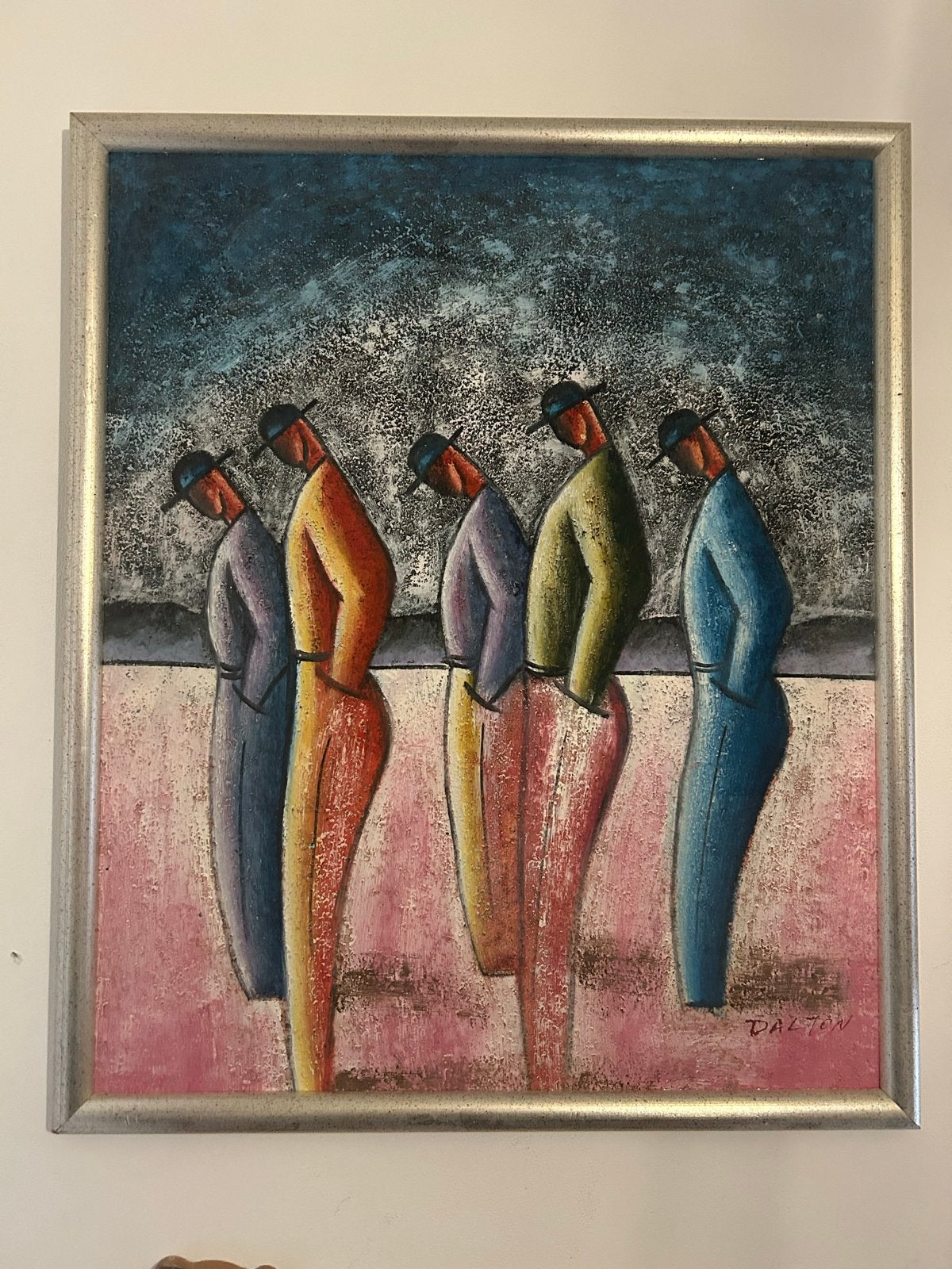 Modern schilderij 'Dalton' - Vijf figuren met hoeden, Antiek en Kunst, Kunst | Schilderijen | Modern, Figuren, Ophalen of Verzenden