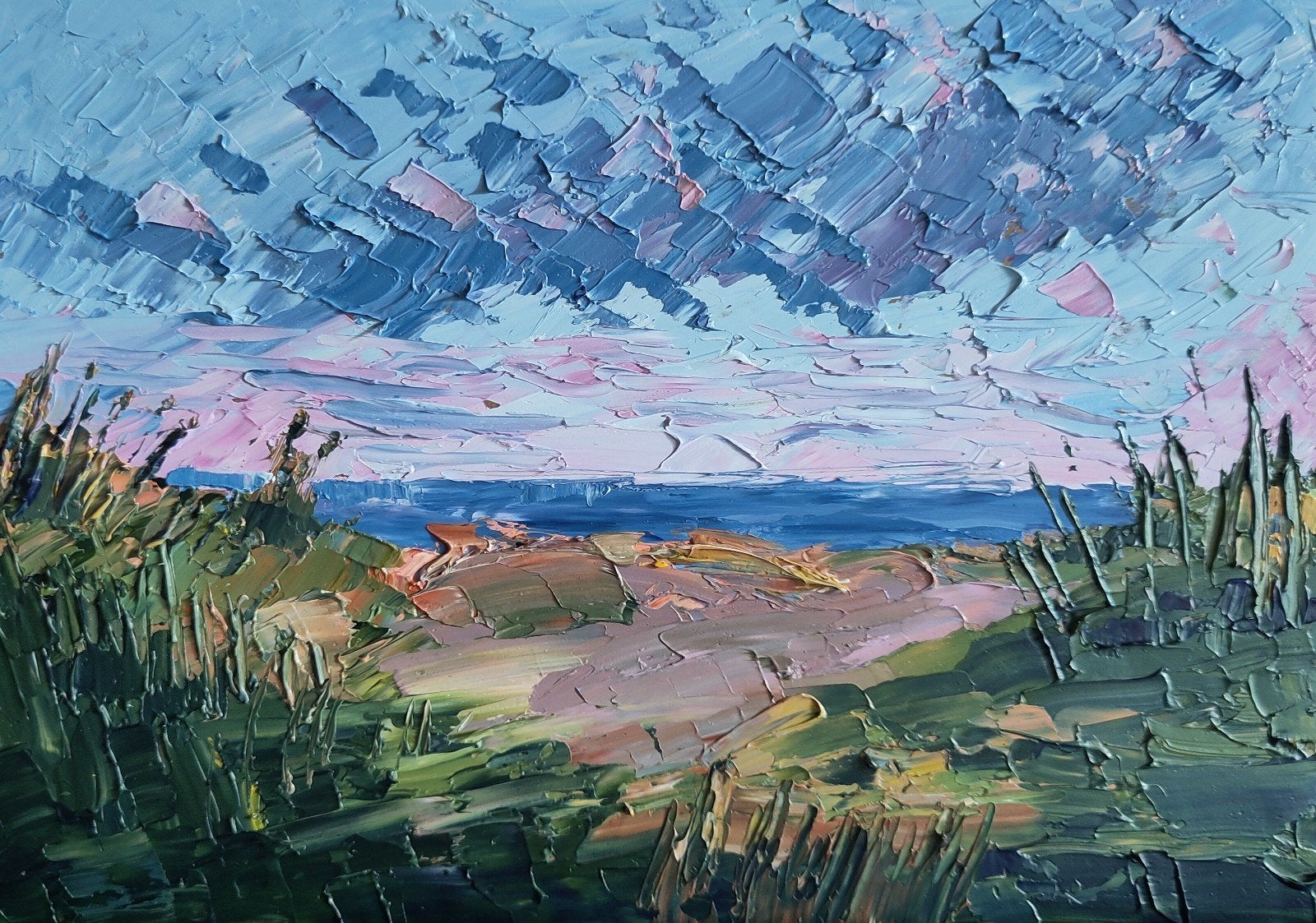 Schilderij: Duinlandschap met zeegezicht, Antiek en Kunst, Paneel, Impressionistisch, Ophalen of Verzenden, Landschap