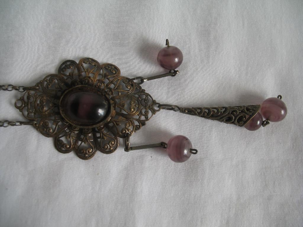 Victoriaans Ketting +Hanger Koperlook +Cabochon Paars Vinta, Ophalen of Verzenden, Overige materialen, Overige typen