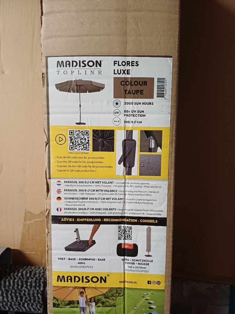 Parasol Madison Topline kleur taupe, dia 300 cm, Ophalen, 2 tot 3 meter, Zo goed als nieuw, Verstelbaar