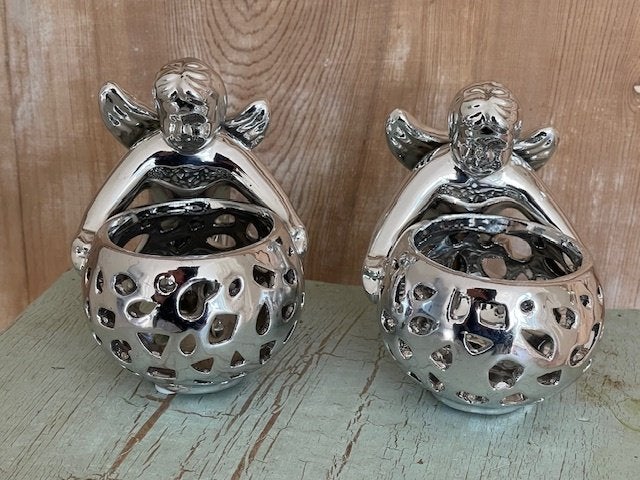 Theelichthouder kandelaar theelicht. Engel met korfje Zilver, Ophalen, Overige materialen, Zo goed als nieuw, 11 cm